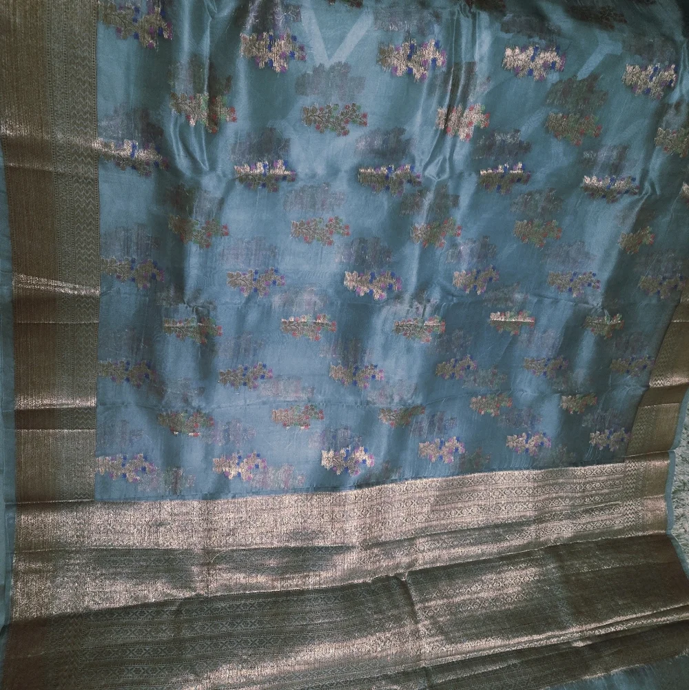 Beautiful Slate Grey Pure Organza Silk Sari with Matching Brocade Blouse Piece - Picture 9 of 13